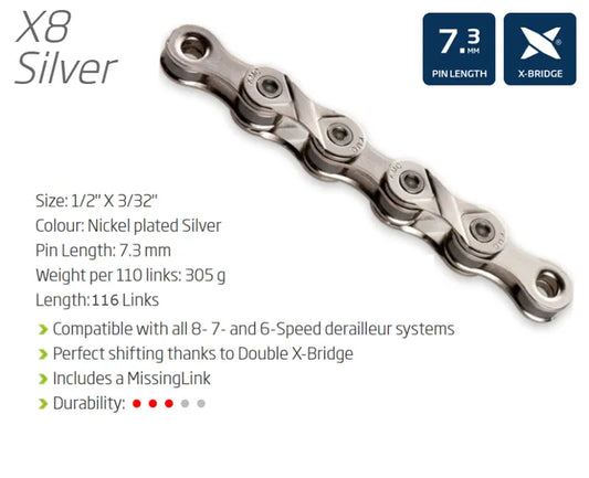 KMC X8 CHAIN - 8 Speed - 116L - SILVER - w/Connect Link